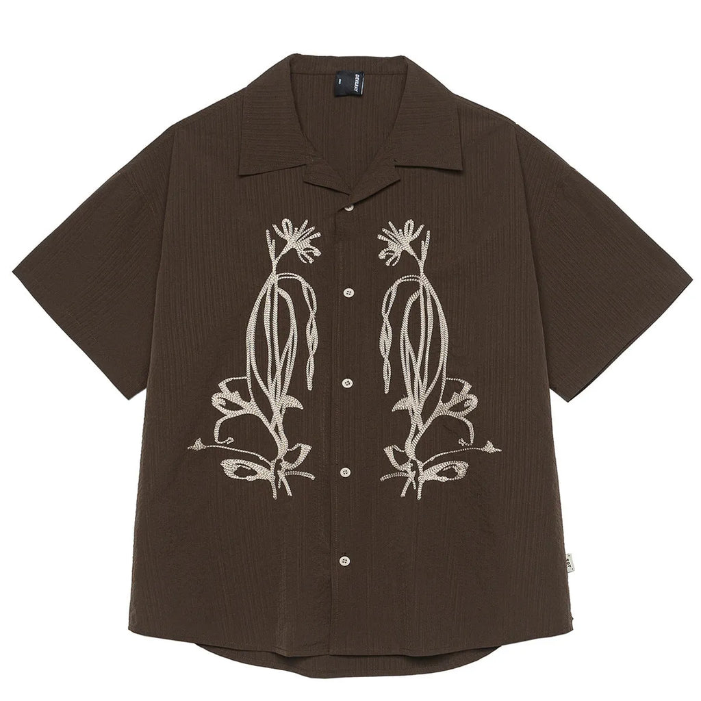 Brown striped Cuban collar short sleeve shirt for outdoor camping and travel