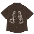 Brown striped Cuban collar short sleeve shirt for outdoor camping and travel