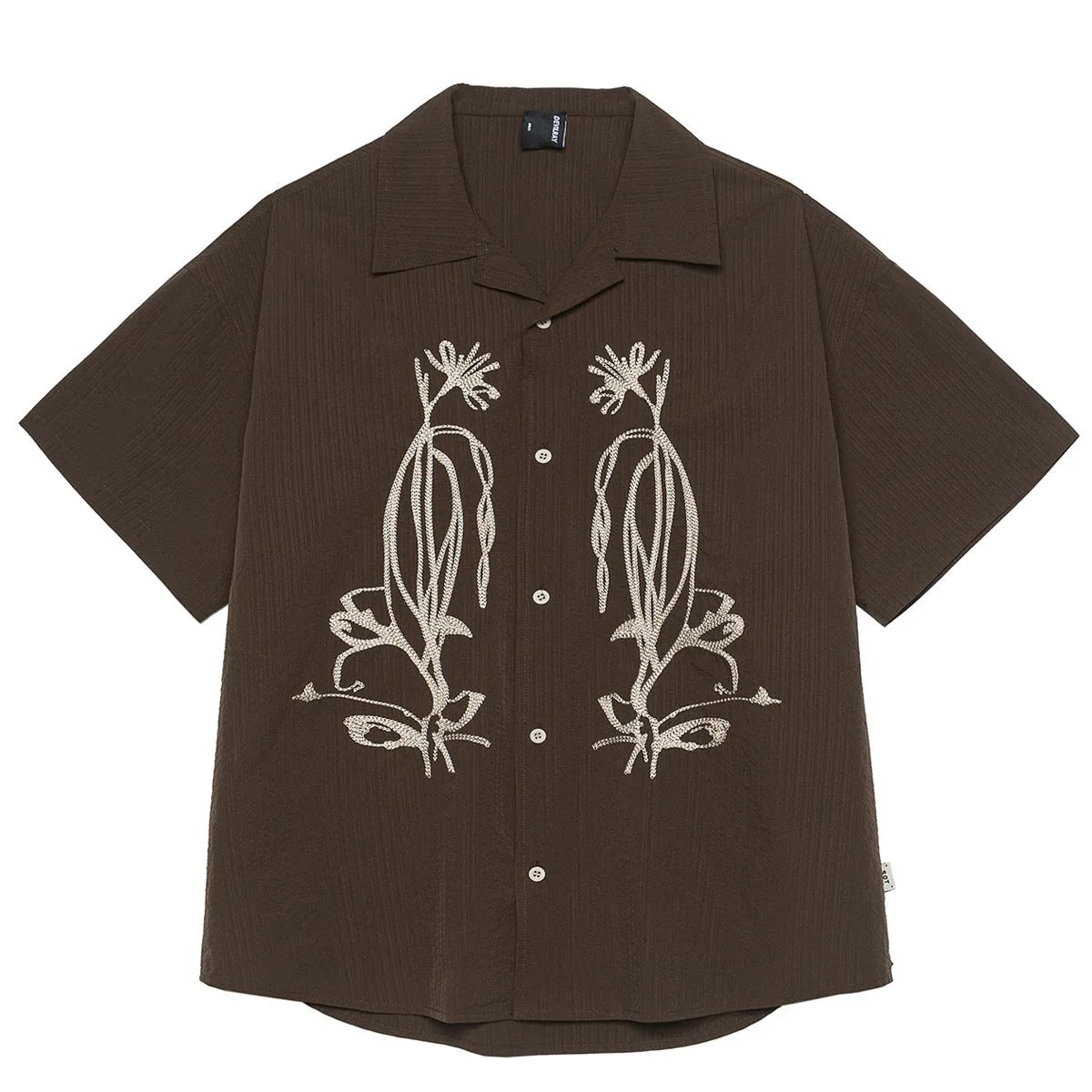 Brown striped Cuban collar short sleeve shirt for outdoor camping and travel