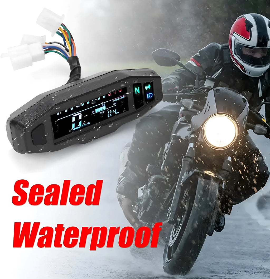 Black motorcycle mini speedometer with LCD display showing digital readouts and oil monitoring indicator