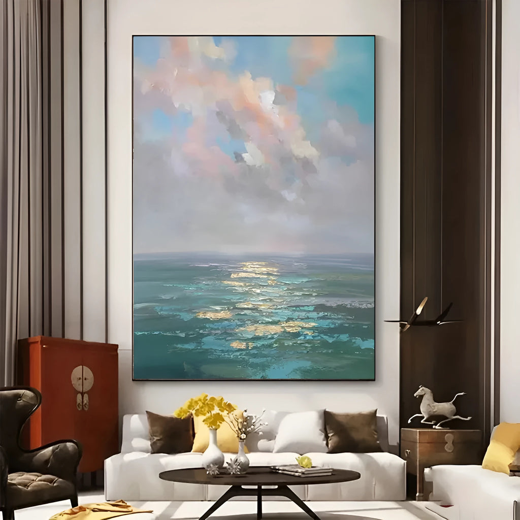Handmade oil painting canvas wall art, modern abstract ocean landscape, rolled frameless, 40x60cm to 120x180cm