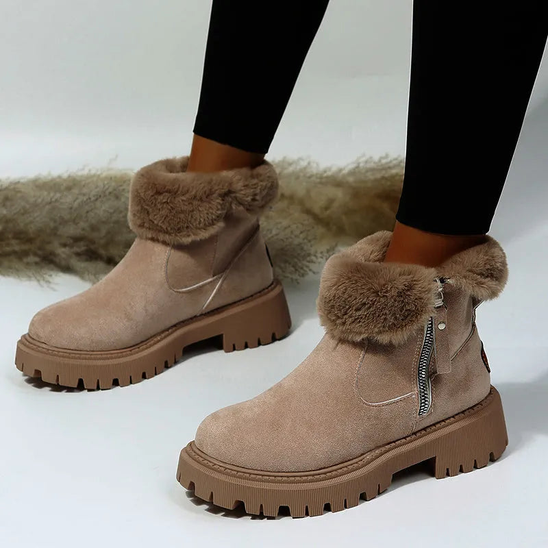 Women's black thick plush high-top snow boot with side zip and non-slip rubber sole.