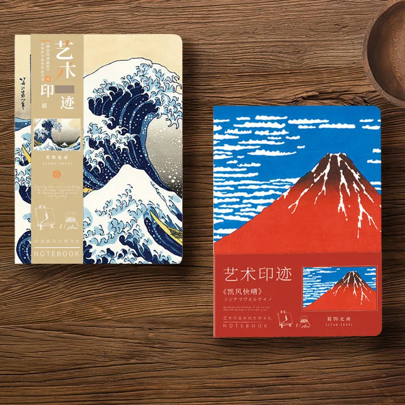 Ukiyo-e series hand ledger notebook with Kanagawa surfing village cover, 13.2 x 18.3 cm, open to show 100g Daolin paper.