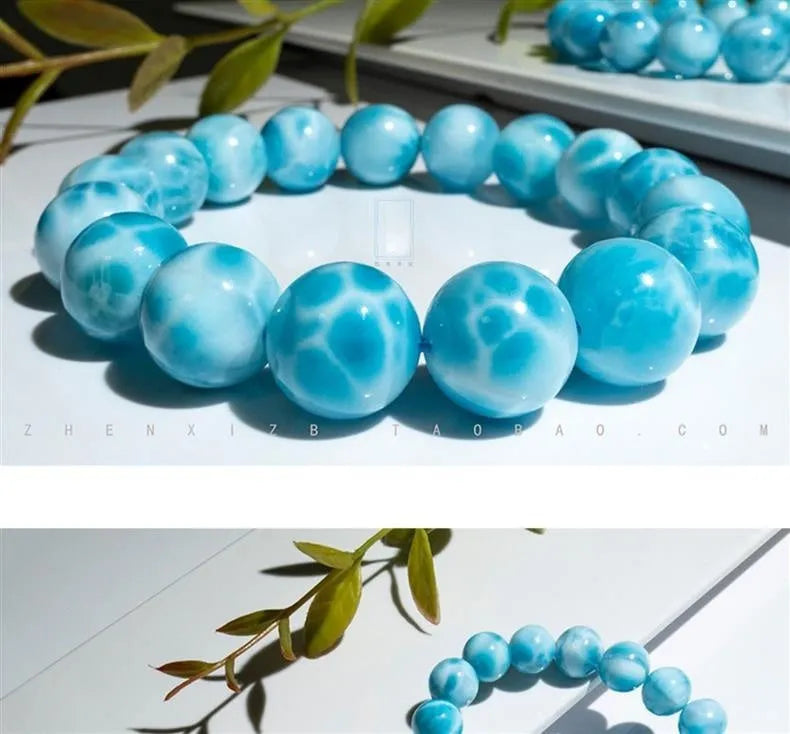 Blue natural crystal sea-pattern stone bodhi bracelet with pearl elements in Maillard style unisex design