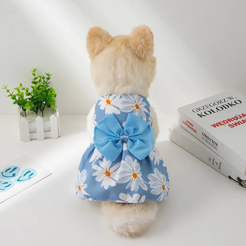 Ultra-thin polyester pet dress with floral butterfly patterns and decorative coloured bow