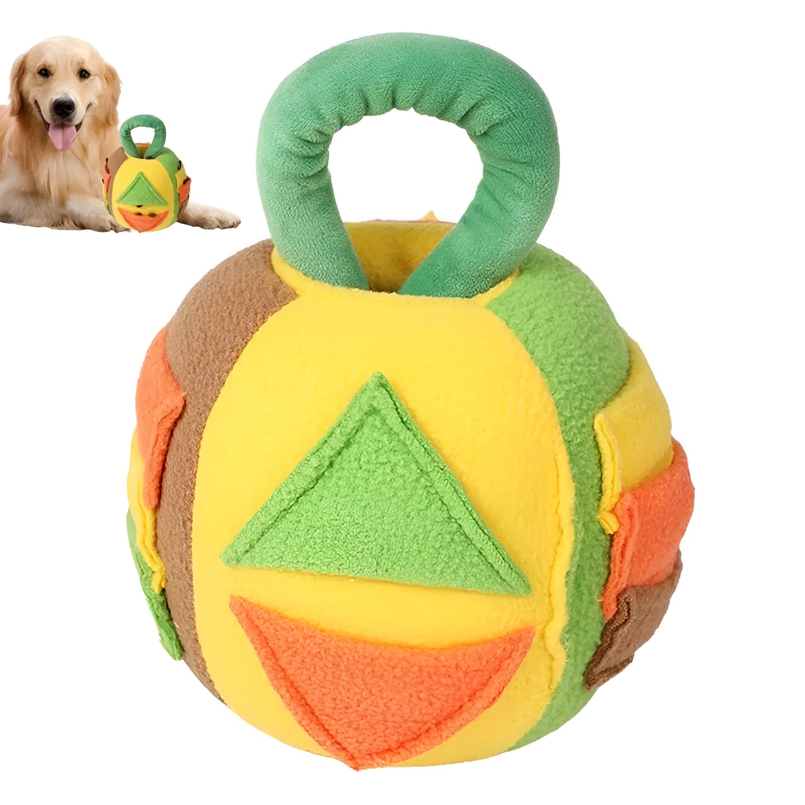 Green and pink polyester plush squeaky ball dog toy with snuffle pockets for treats.