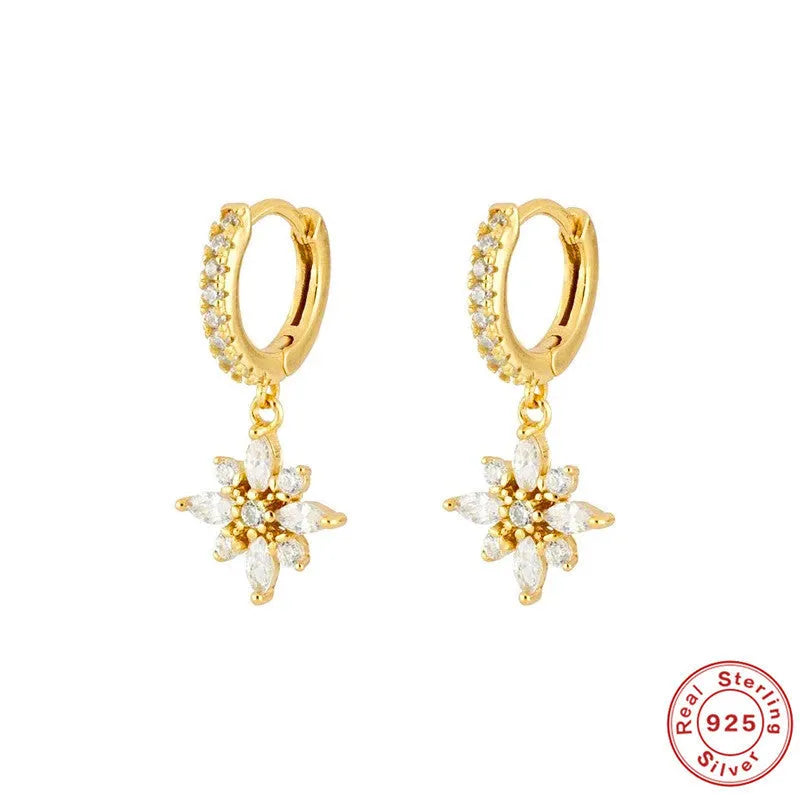 S925 sterling silver diamond snowflake pendant earrings in white gold and yellow gold colour options