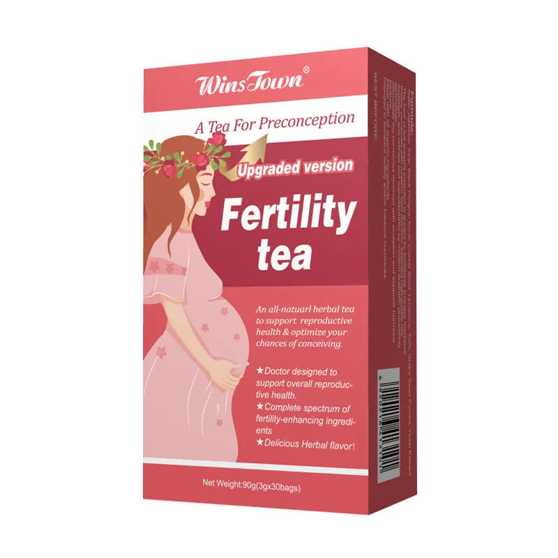 Box of Fertility Tea showing three packs of 30 herbal tea bags each for daily brew wellness supplement