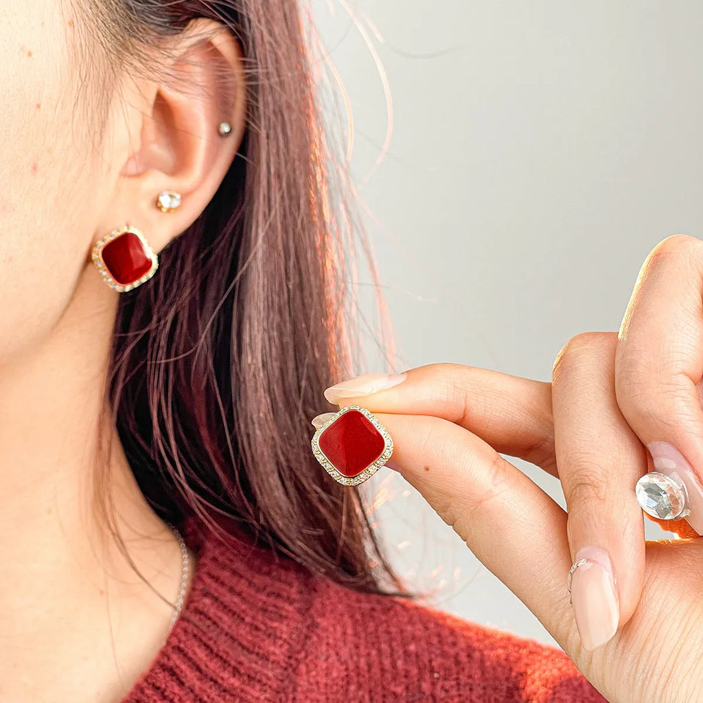 Retro red geometric square earrings with alloy construction and inlaid design