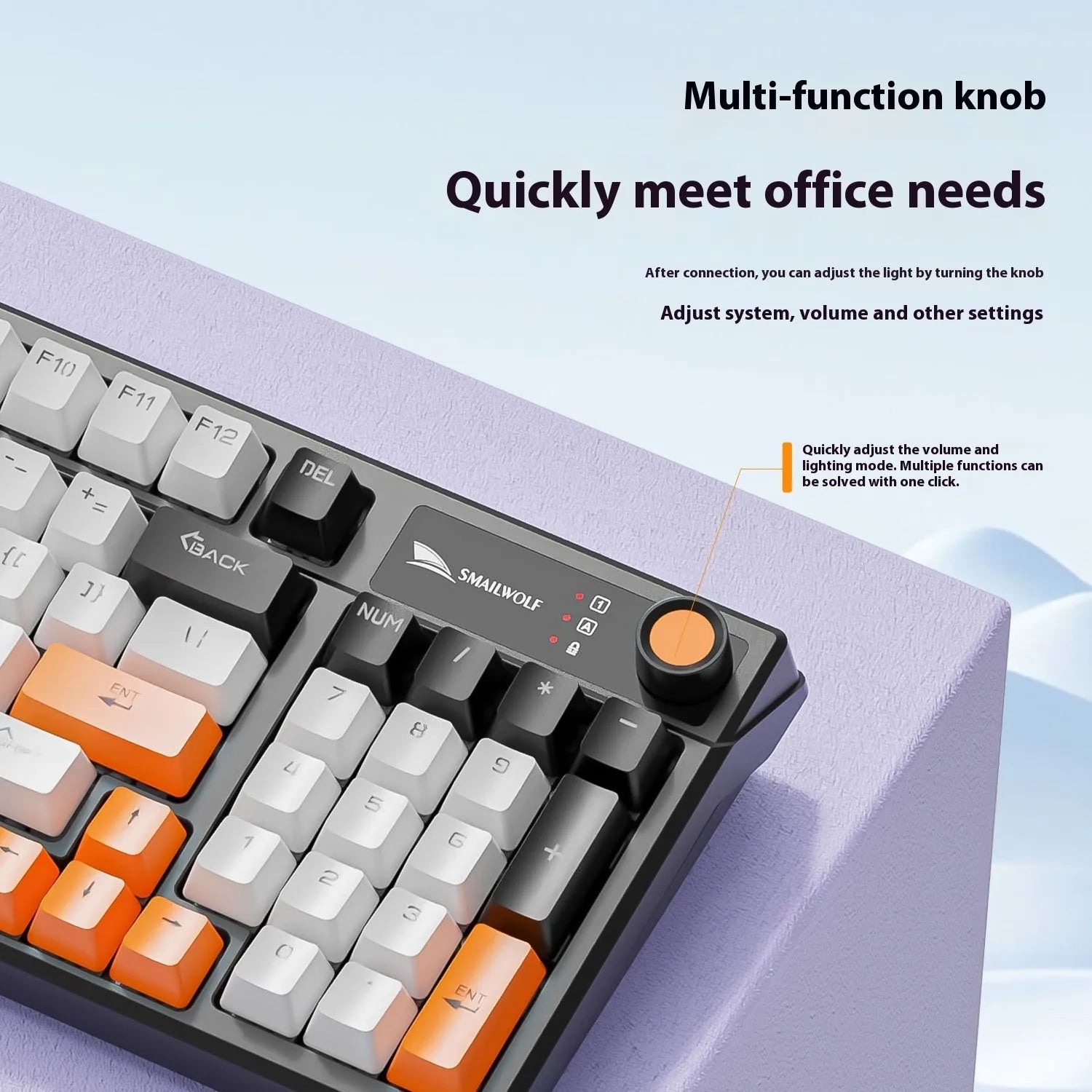 SK15 wired mechanical keyboard with control knob in Black, Sunset Orange, and Autumn Water Blue colour options.