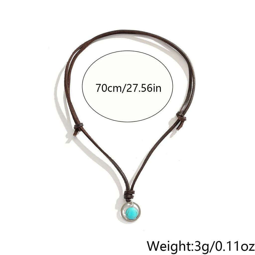 Retro turquoise stone pendant necklace on black rope chain with alloy setting for women
