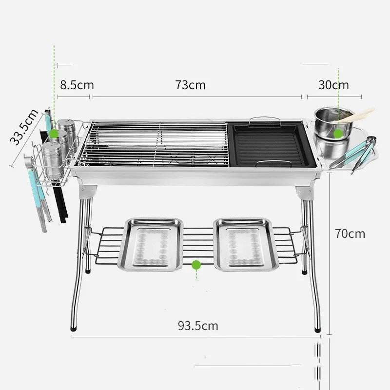 Stainless steel portable folding barbecue oven for outdoor cooking.