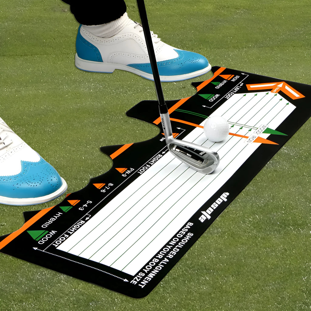 Black neoprene golf swing stance positioning pad measuring 22.5cm for training alignment