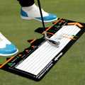Black neoprene golf swing stance positioning pad measuring 22.5cm for training alignment