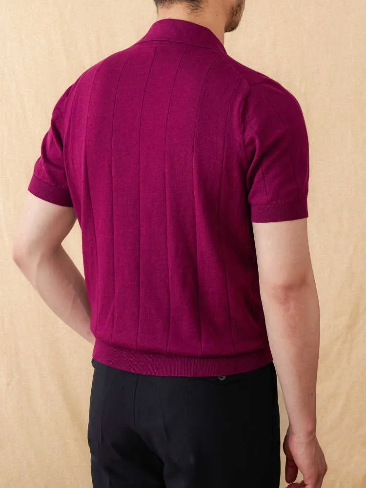 Cotton and linen sunken stripe knitted short sleeve POLO seagull collar top in purple