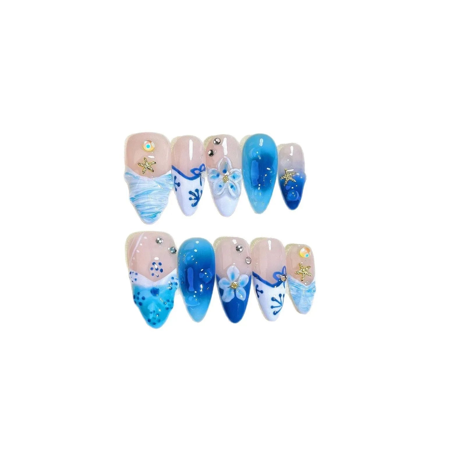 Blue hand-painted carved false nails in summer ice colour with transparent finish