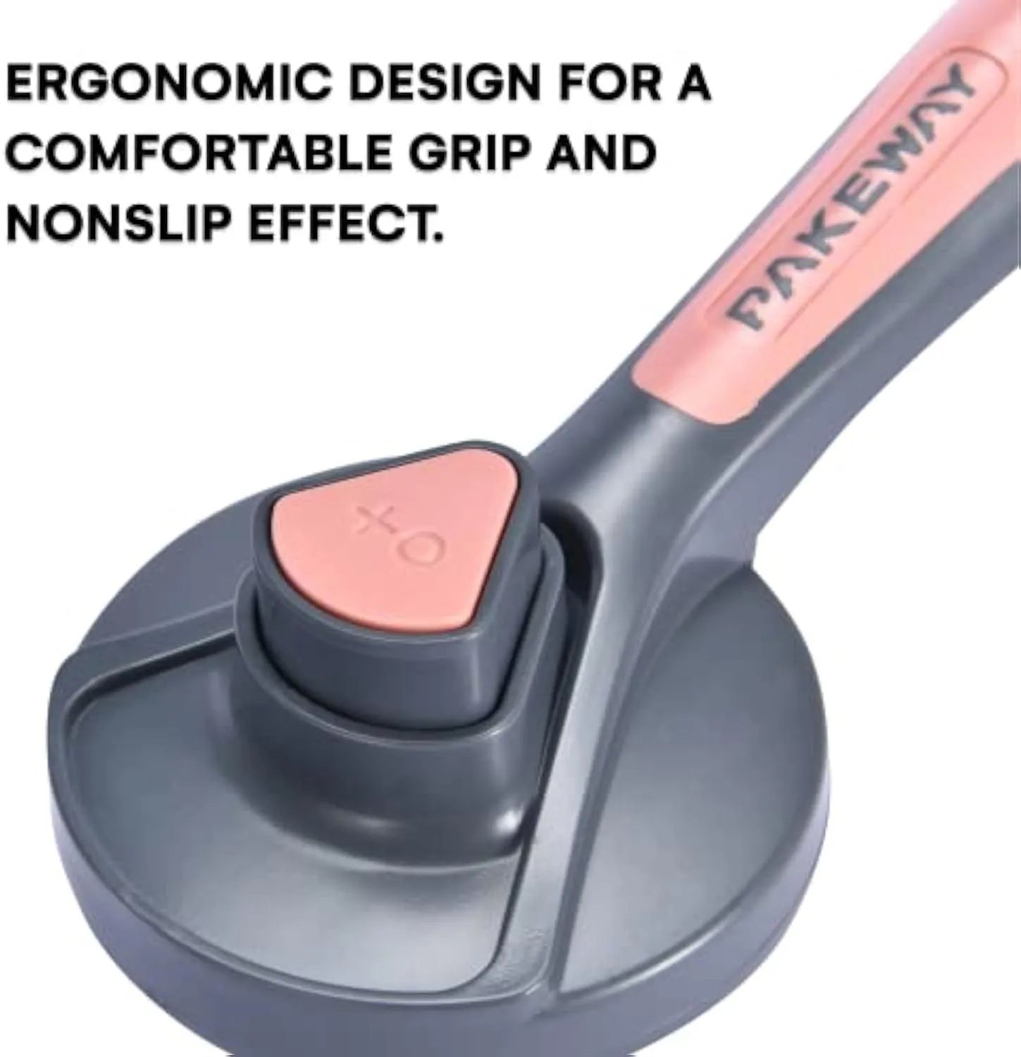 Grey self-cleaning slicker brush for pets with one-click button and comfort-grip handle on a table.