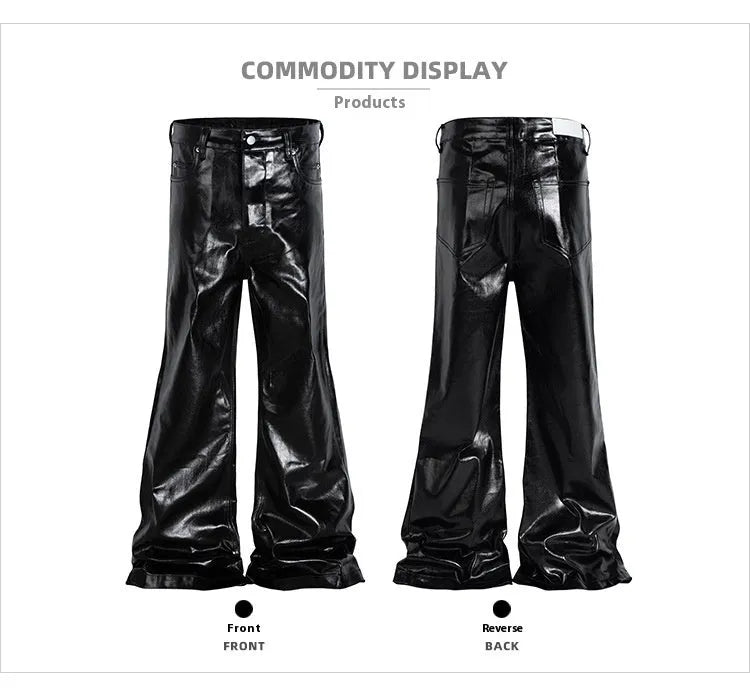 Black shiny patent leather skinny jeans for women in a straight-leg style.