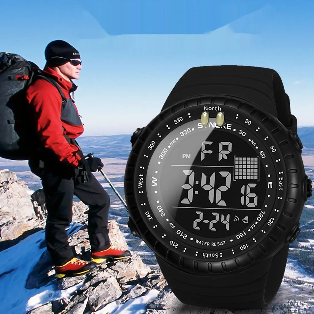 Black men's waterproof outdoor electronic watch with 54.74mm plastic case and WR50M rating
