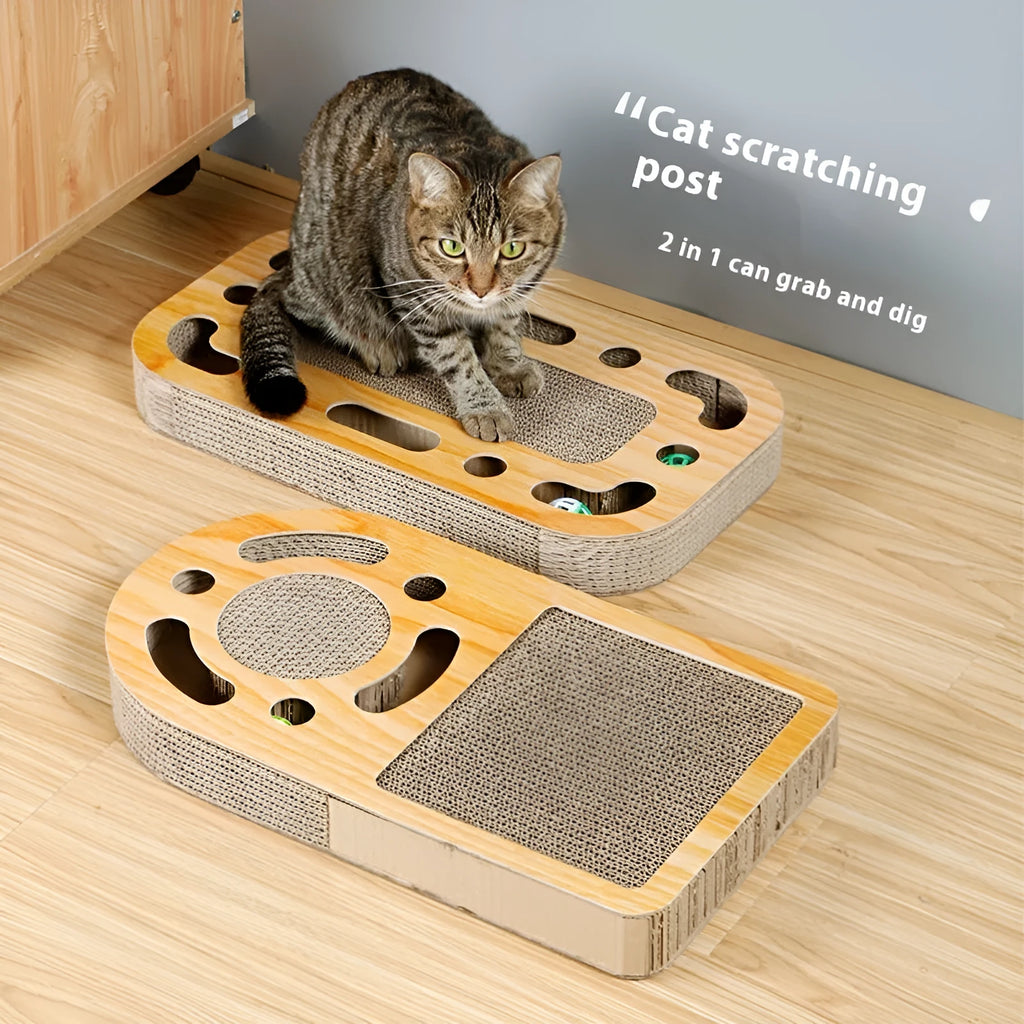 Cat scratch board with ball made of corrugated paper in a round shape