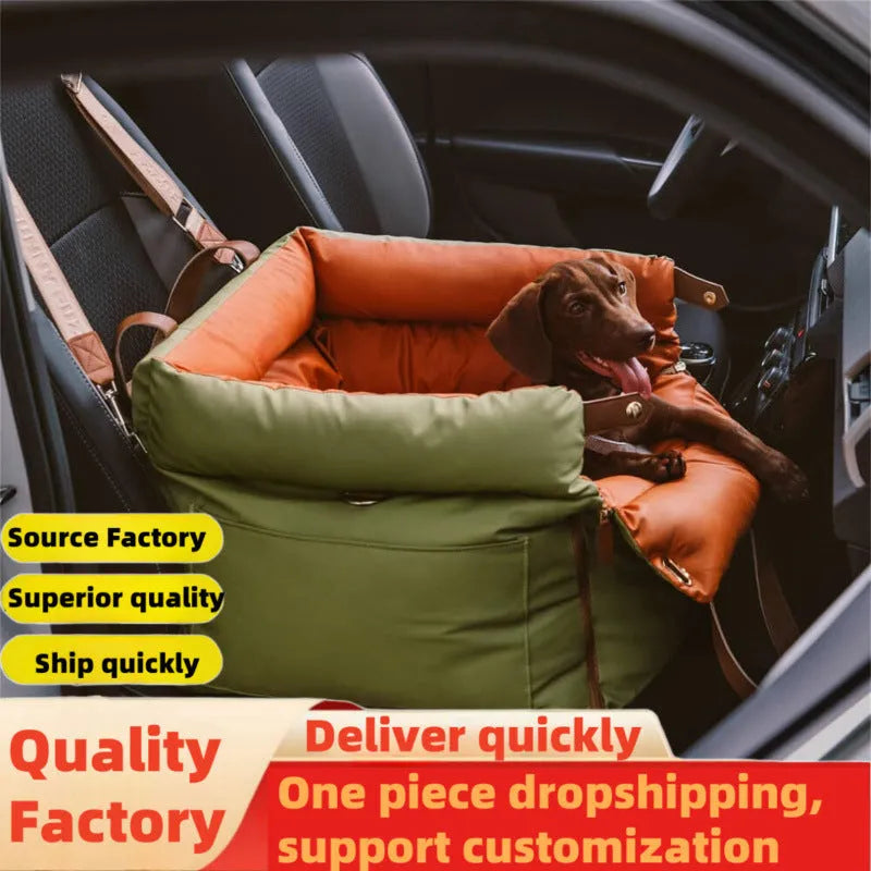 Green waterproof PU leather dog car nest bed with removable inner cushion, shown next to a car seat.
