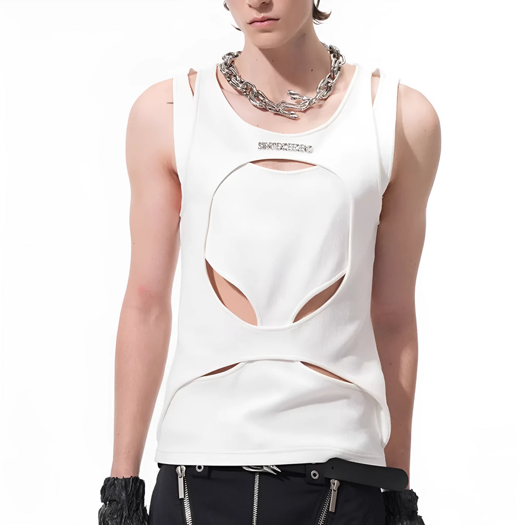 Men's loose-fit sleeveless vest in white shown on a hanger, featuring a round neck and pullover style.