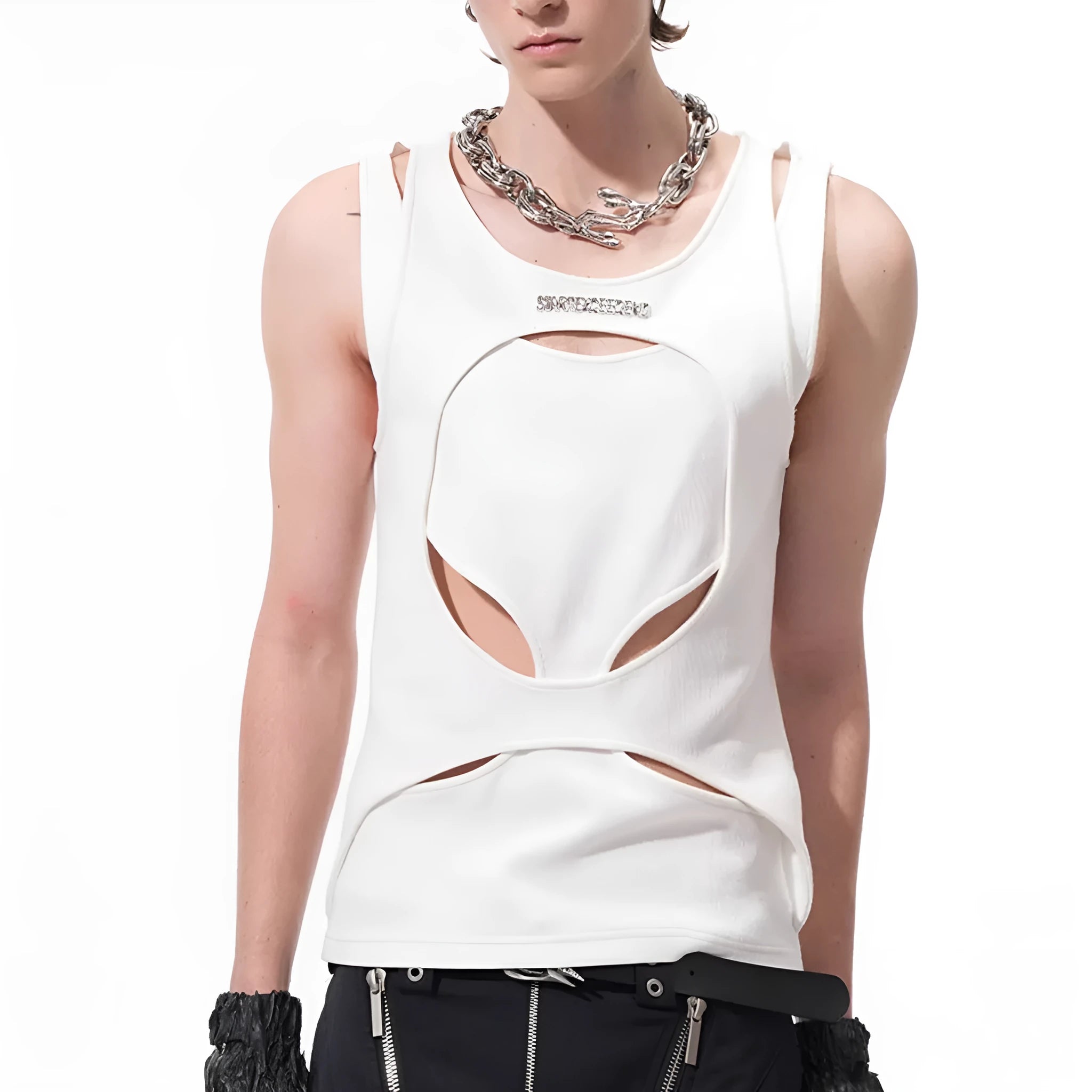 Men's loose-fit sleeveless vest in white shown on a hanger, featuring a round neck and pullover style.