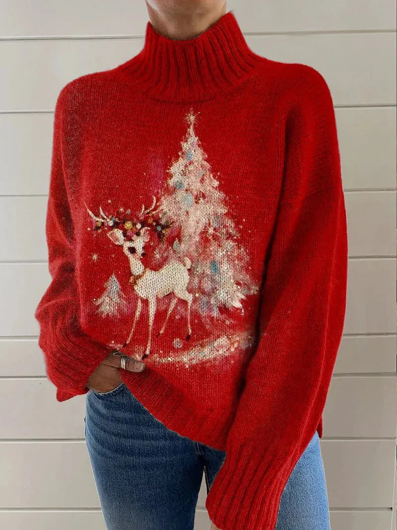 Women's Christmas printed turtleneck sweater with painting pattern in macaron colours