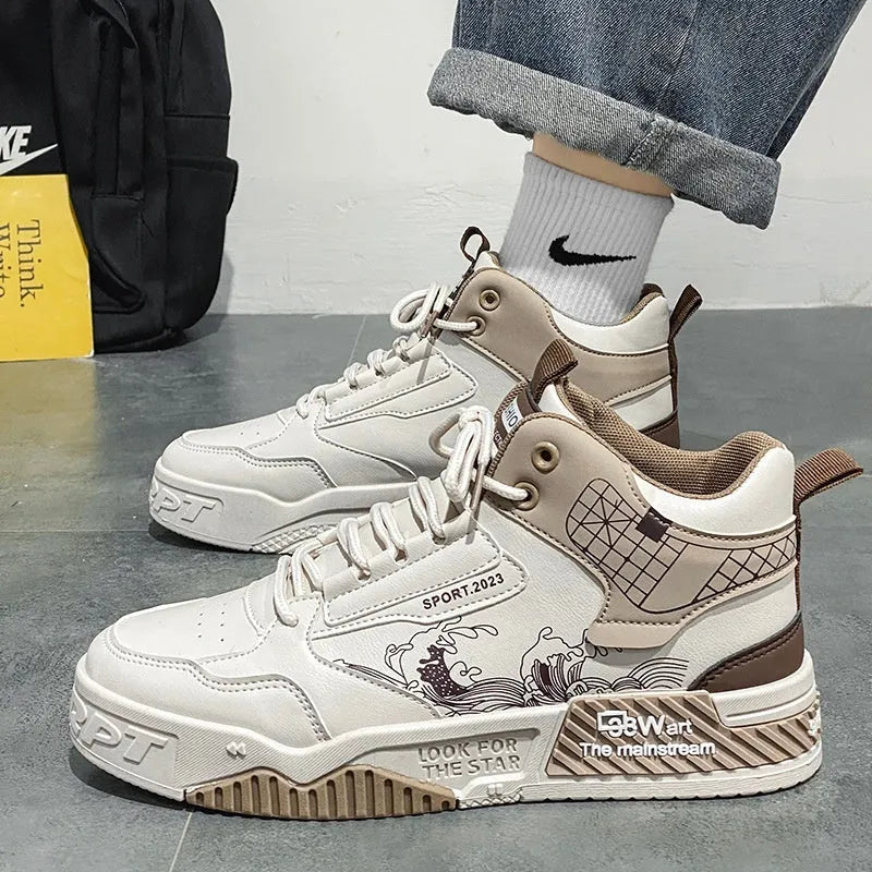 Men's beige and white high-top board shoes with a lace-up front and rubber sole.