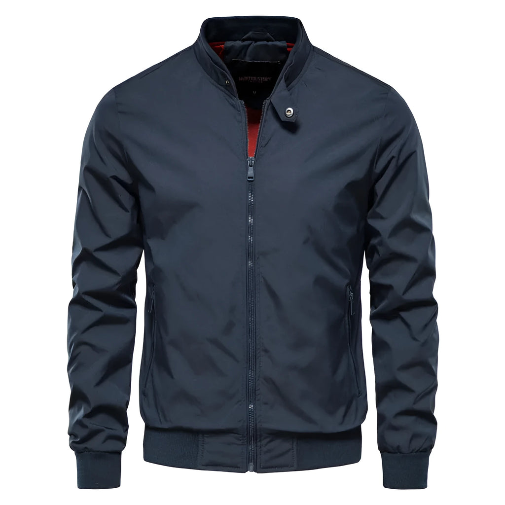 Men's solid colour casual lightweight polyester jacket shown in dark blue, black, and army green options