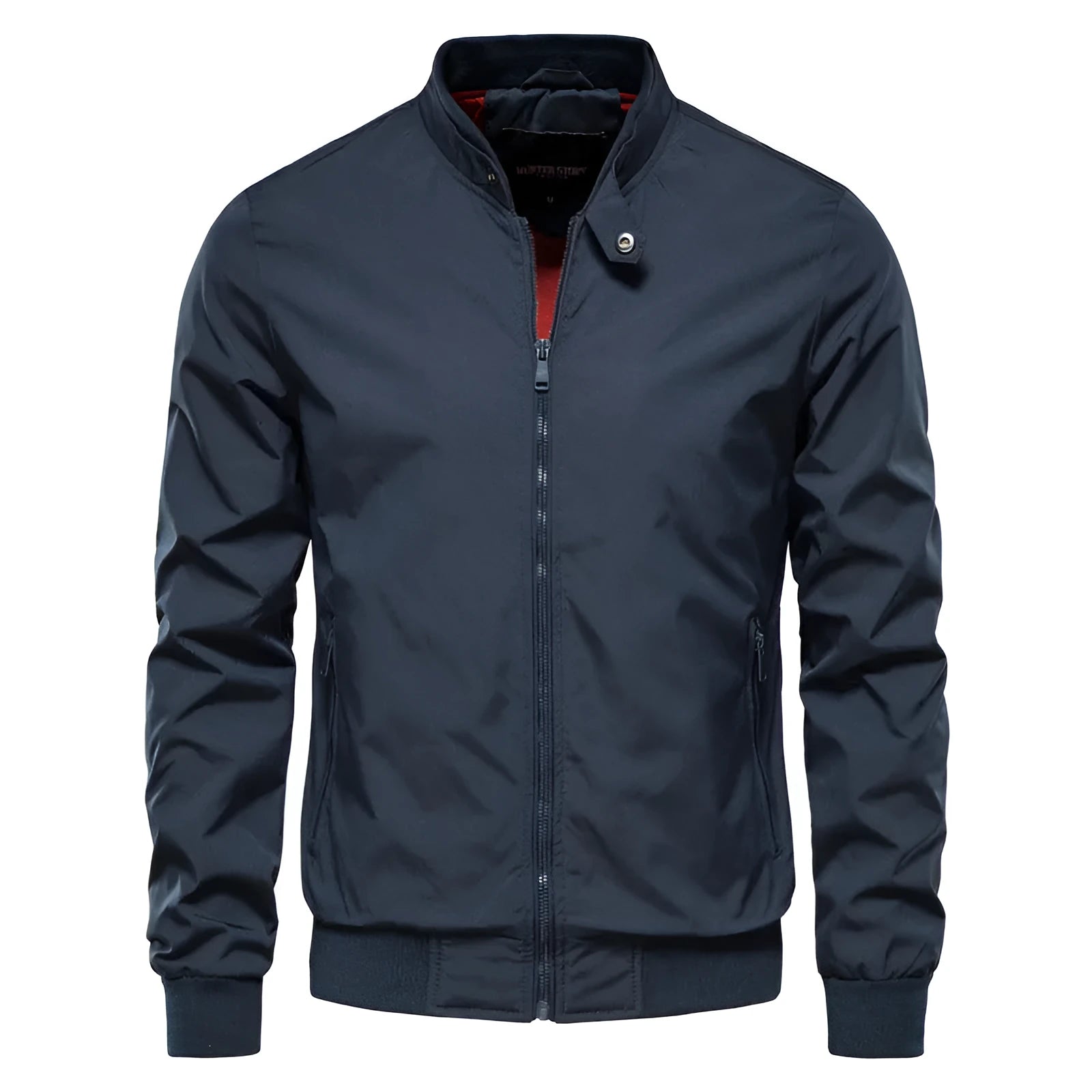 Men's solid colour casual lightweight polyester jacket shown in dark blue, black, and army green options