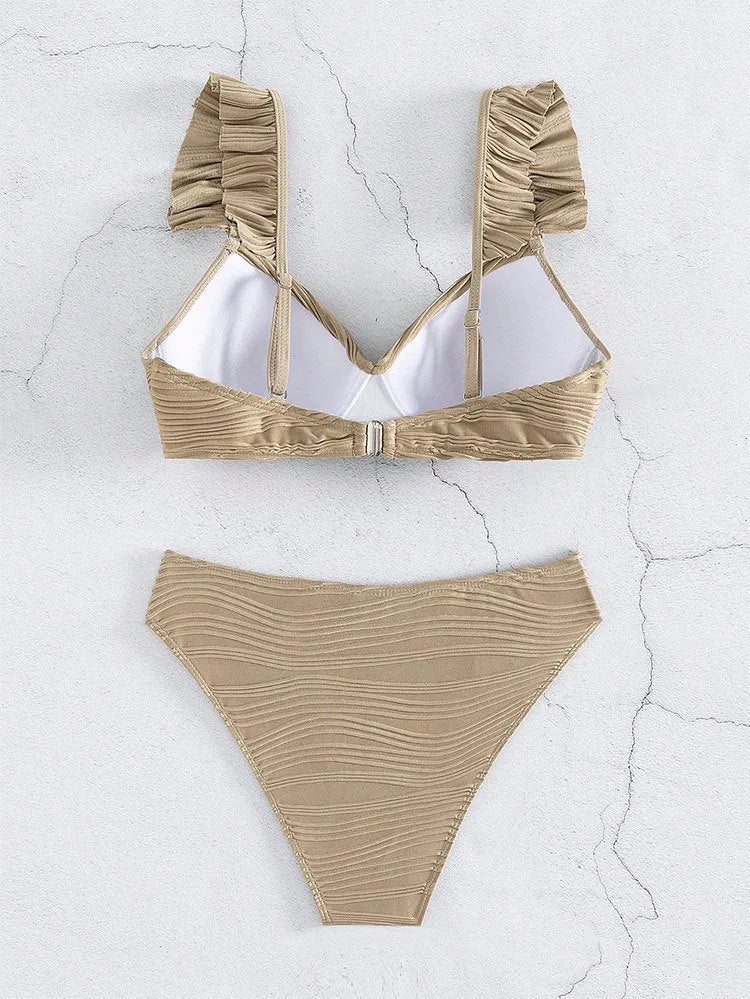Solid colour women's polyester bikini swimsuit in black or khaki, sizes S M L XL.