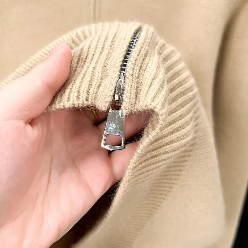 Men's grey stand collar knitted zip cardigan with a loose, thickened fit on a hanger.