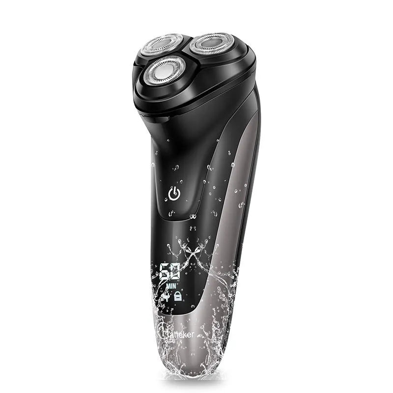 Electric shaver with three floating cutter heads and pop-up sideburn trimmer on display