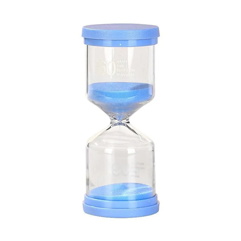 Handmade glass sand clock timer with coloured sand in a modern simplicity design, available in multiple durations and colours