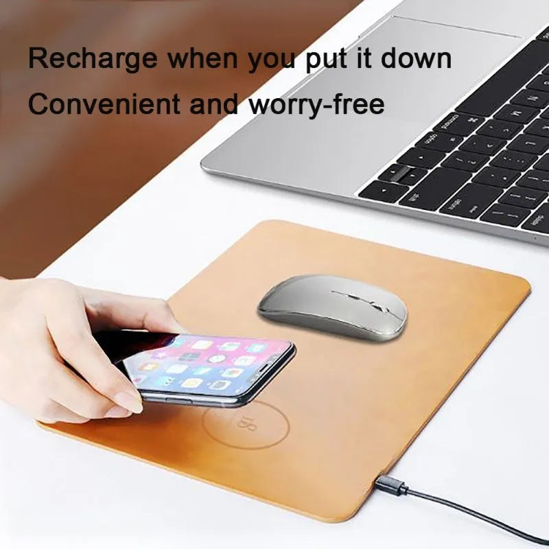 Brown leather wireless charging mouse pad with Qi fast charge capability