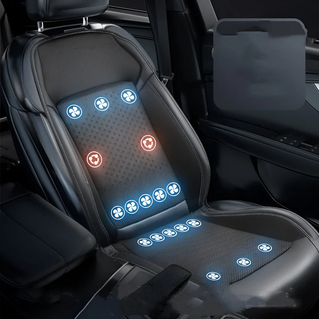 Black car seat cooling pad with USB cable connected to 12V adapter on minimalist solid-colour cushion