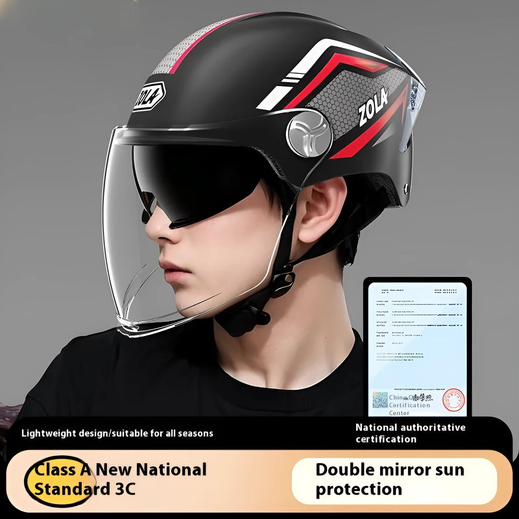 Children's light brown ABS motorcycle half helmet with a double mirror sun visor displayed on a white background.