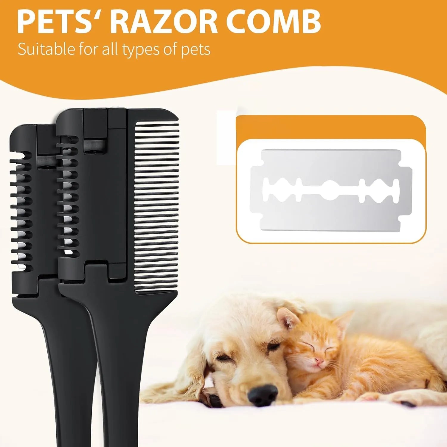 Pet razor comb for dogs and cats with detangling teeth and cutting blades, includes ten spare blades.