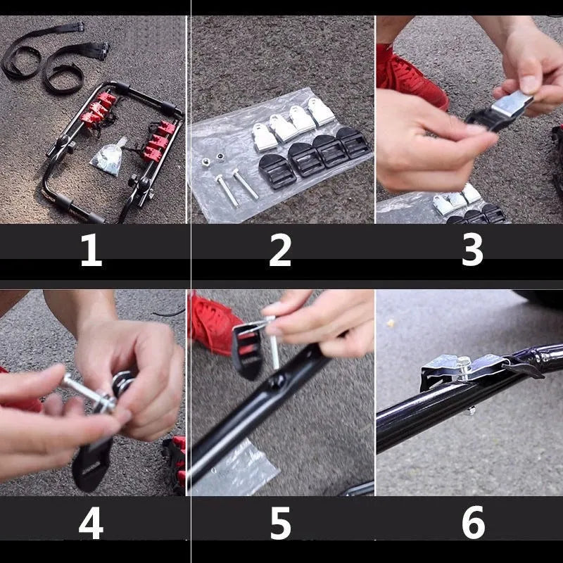 Black and red iron-framed car boot bike rack with tie rope fastenings.