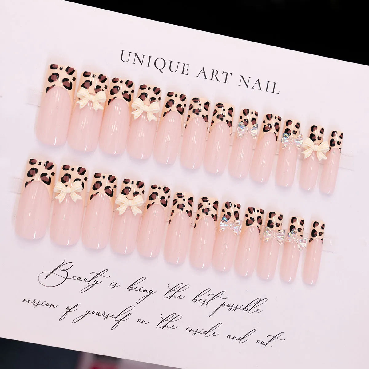 Leopard print butterfly design false nail set in WM296 colour, plastic manicure pieces