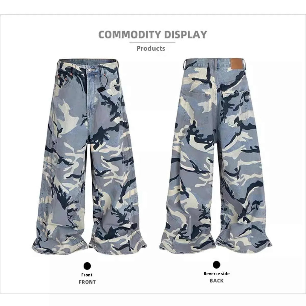 Blue snow camouflage pattern loose fit denim jeans for men and women on a mid waist