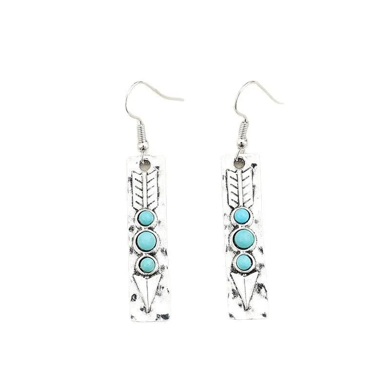 Women's silver geometric retro earrings with inlaid turquoise detailing on long strip design