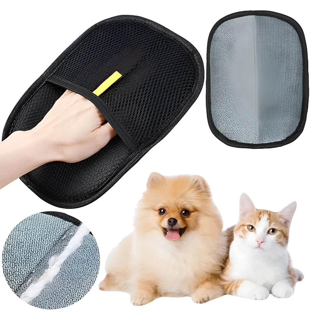 Black pet hair remover glove with silicone bristles for dogs and cats, shown on a hand