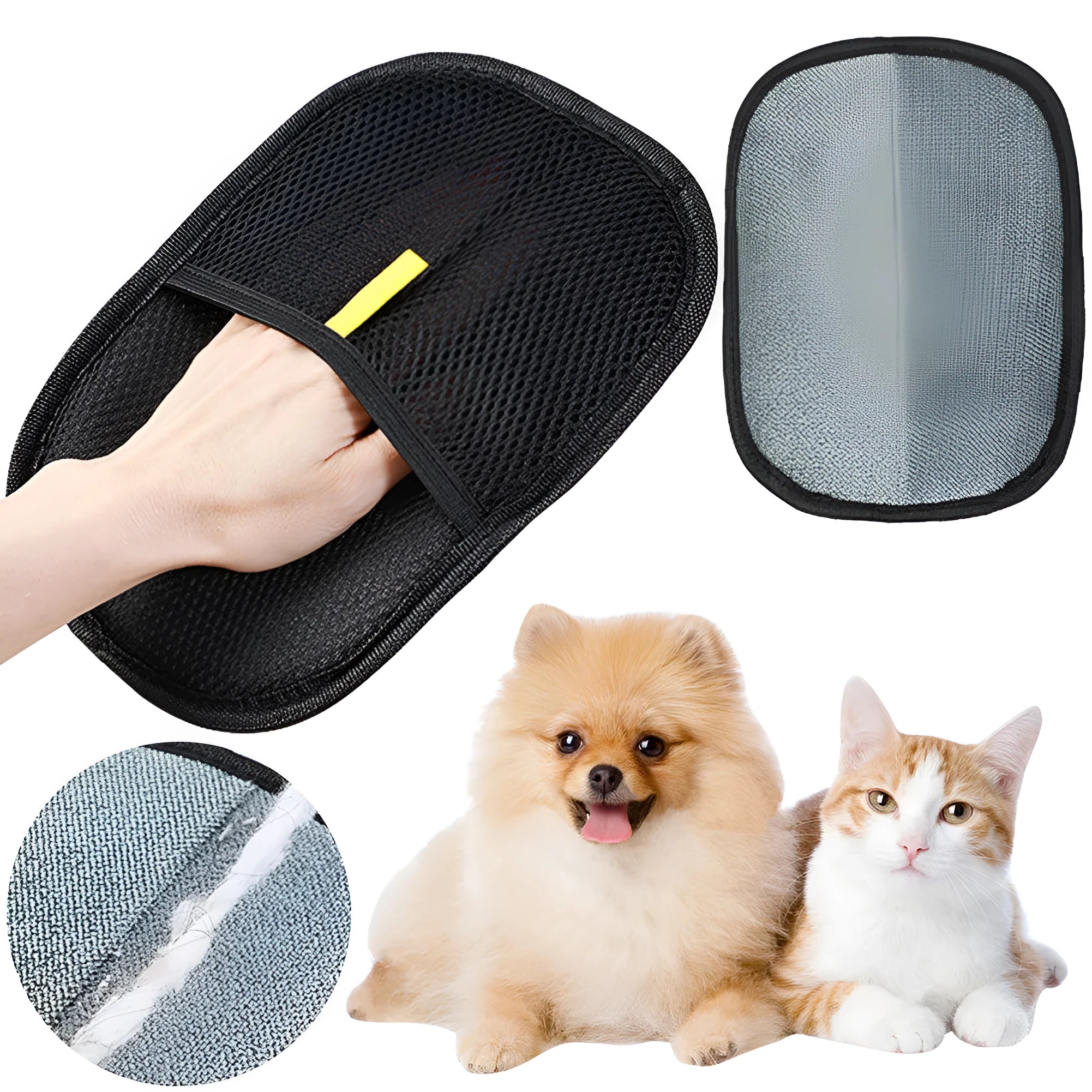 Black pet hair remover glove with silicone bristles for dogs and cats, shown on a hand