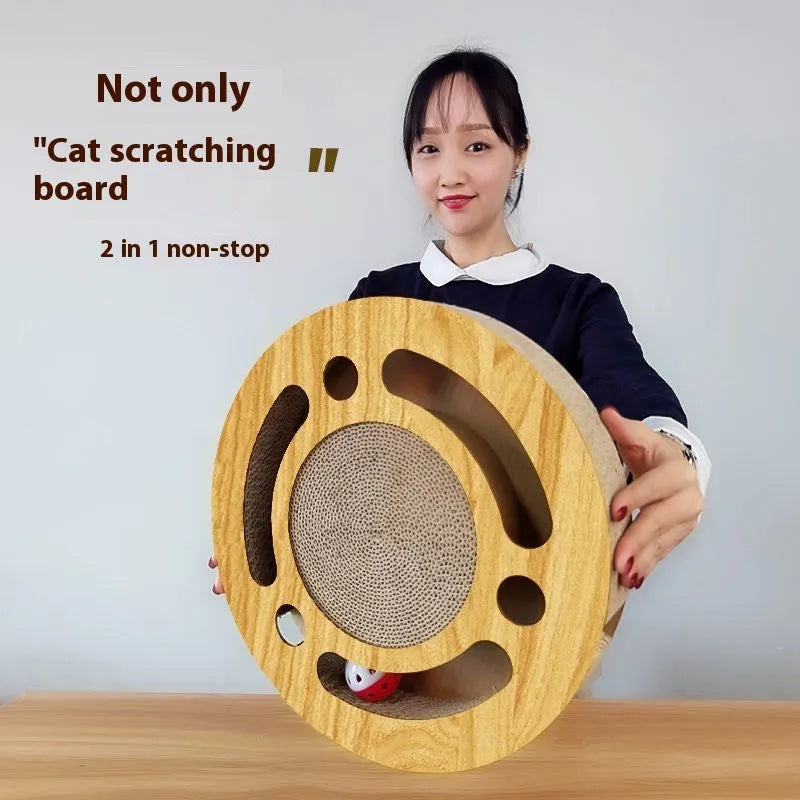 Cat scratch board with ball made of corrugated paper in a round shape