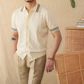 Cotton leisure knitted short-sleeved lapel polo shirt in apricot colour, regular fit, thin fabric, front view.