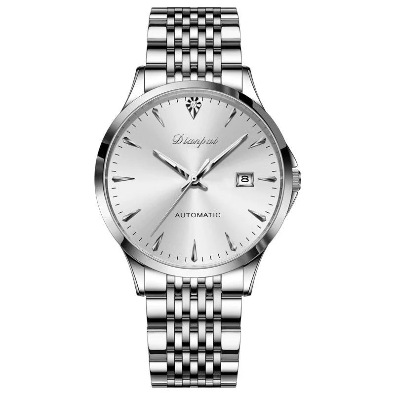 Men's stainless steel automatic watch with simple dial and mineral glass crystal