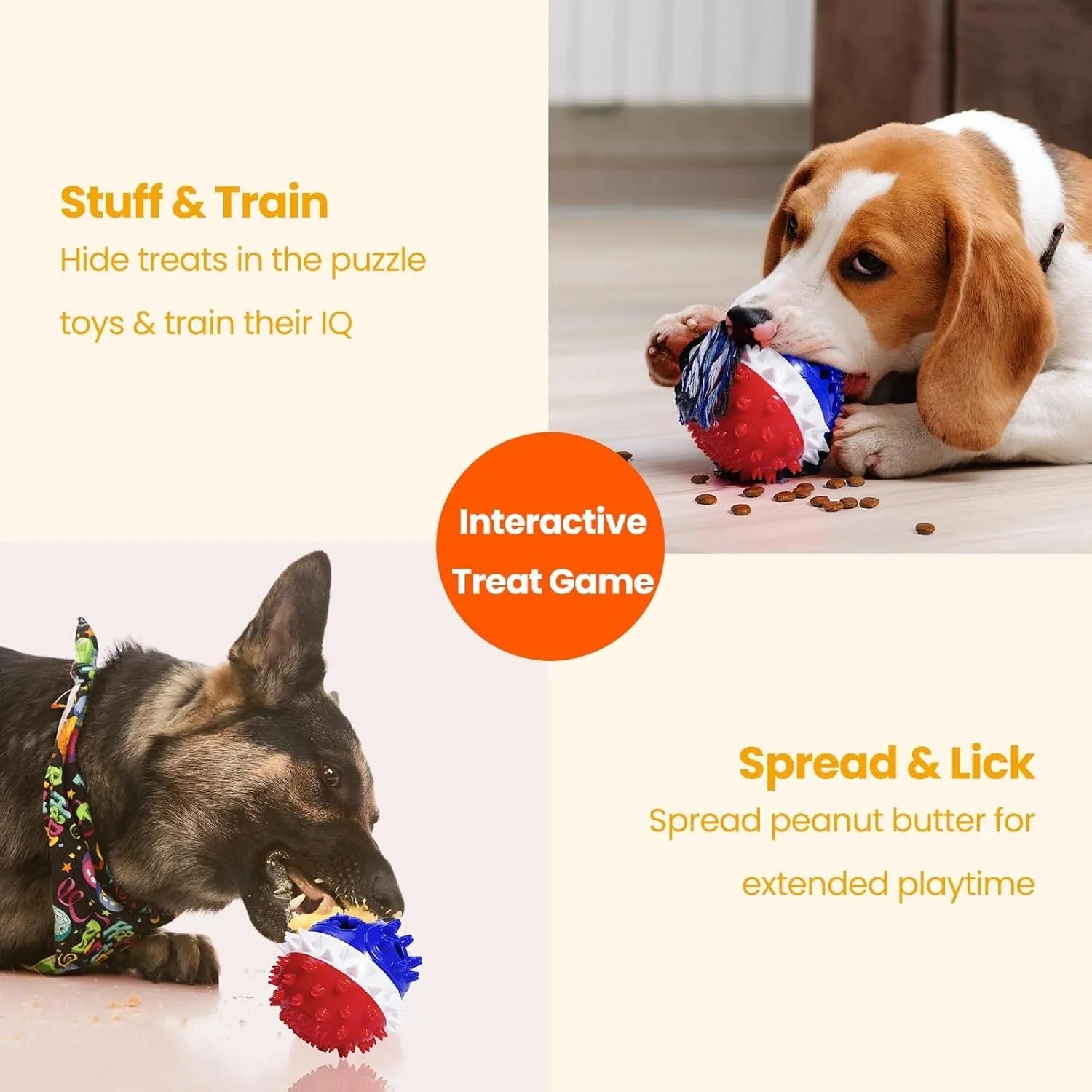 Blue and red squeaky dog toy with treat dispenser hole for aggressive chewers.