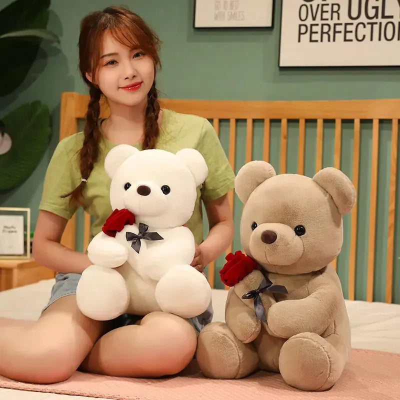 Soft plush rose bear teddy doll in beige, brown or grey colours with PP cotton stuffing